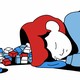 An illustration of a child lying down with blocks falling out of a hole at the top of their head