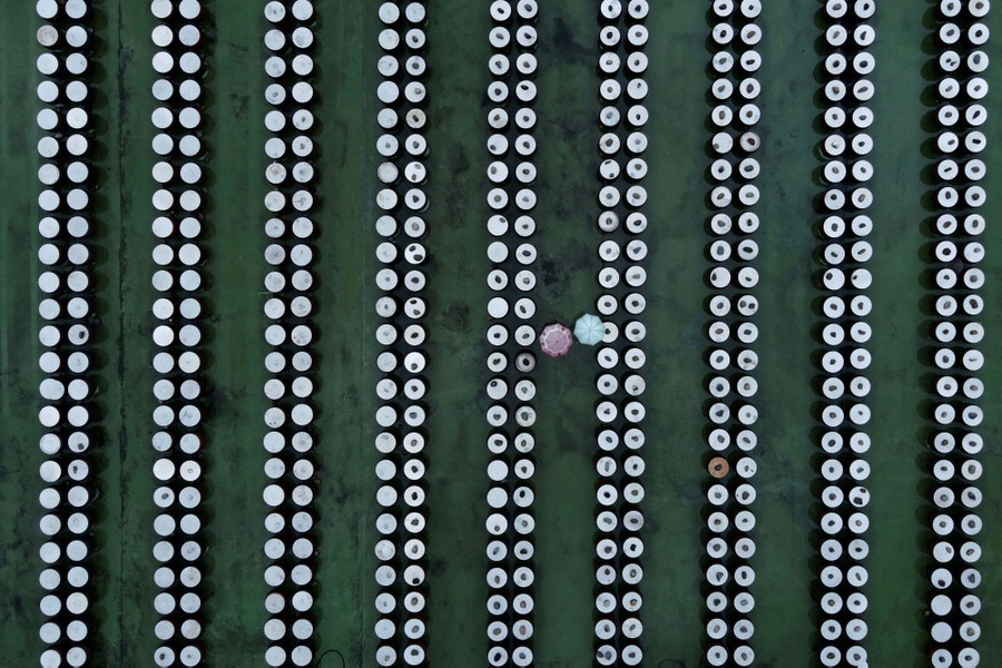 An aerial view of many rows of small round soy sauce containers in a factory.