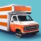 A photo-illustration of an orange-and-white moving truck without wheels, sitting up on cylinder blocks