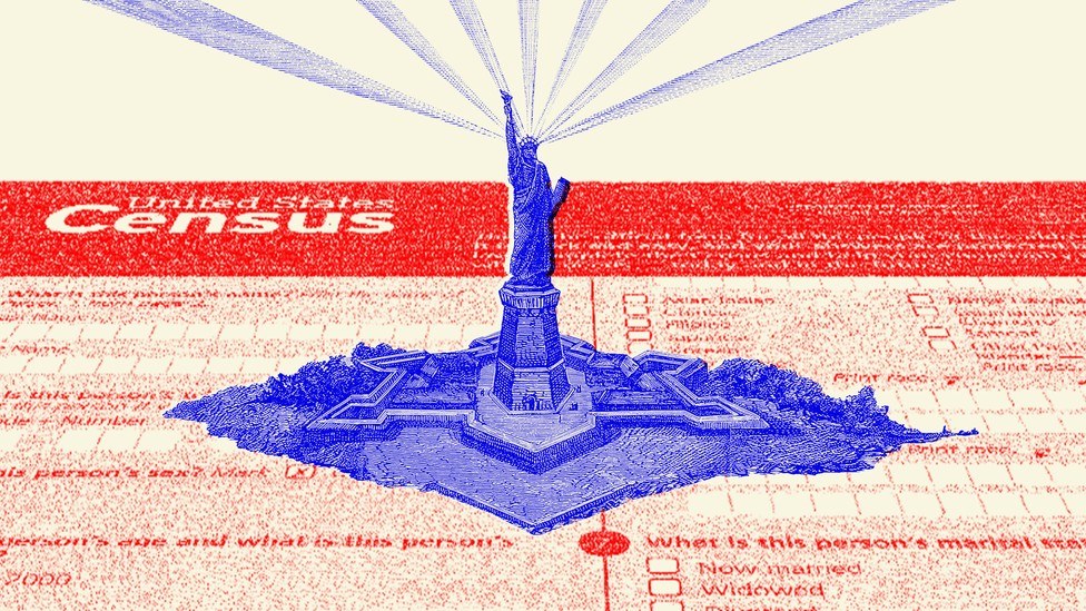 An illustration of the U.S. census and the Statue of Liberty
