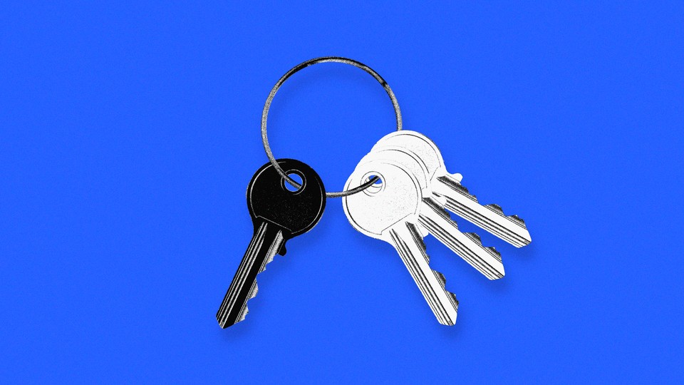 A photo illustration of four keys on a keychain, three white facing to the right and one black facing to the left, all on a blue background.