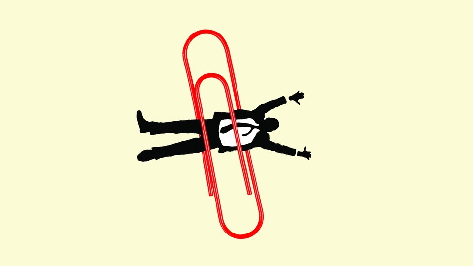 An illustration of a man in a suit stuck in a red paperclip
