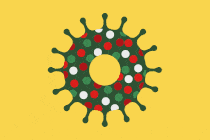 illustration of green coronavirus as wreath with blinking lights