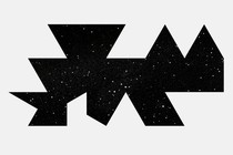 A geometrical shape cut out of a light grey background showing a starry night sky