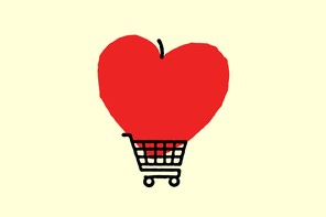 Heart shaped apple in a grocery cart