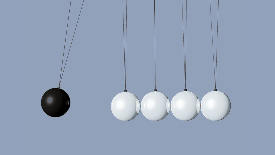 image of a Newton's cradle or pendulum with one black ball swinging to hit 4 stationary white balls on gray background
