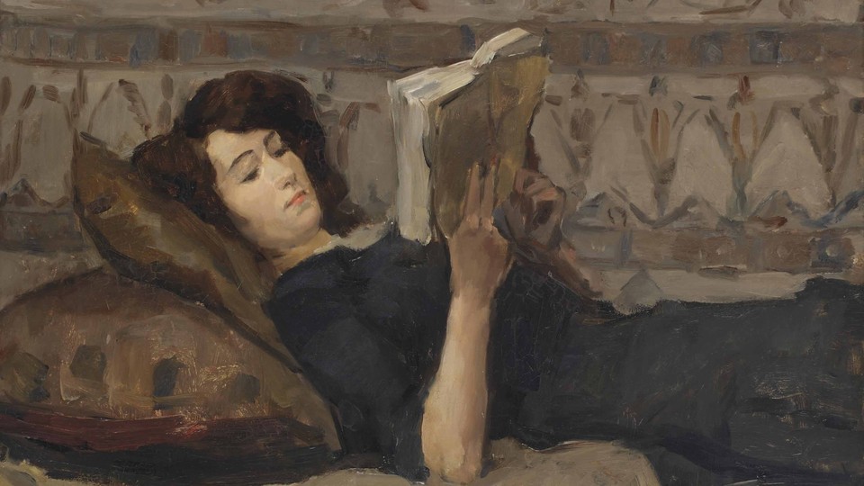 A painting of a woman laying down and reading a book