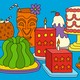 An illustrated collage on a blue background, featuring several elaborate Jell-O desserts, a cocktail served out of a coconut, and other elements of a dinner party.