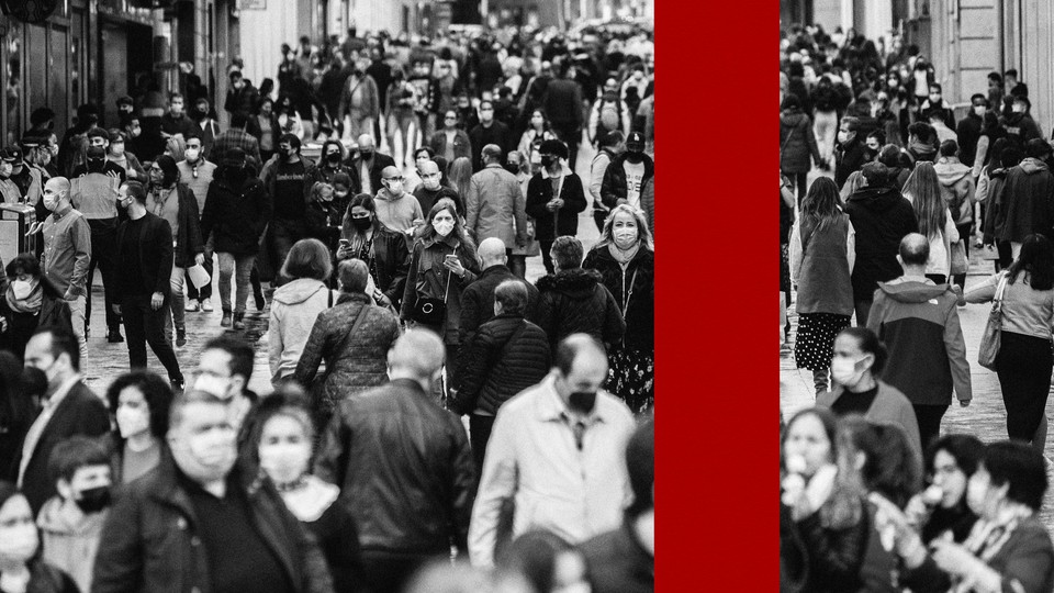 a black and white image of a crowd of people in masks. a vertical red stripe divides the image on the righthand side.