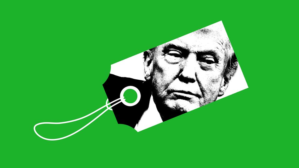 A price tag with a black-and-white photo of Donald Trump on it, in front of a green background