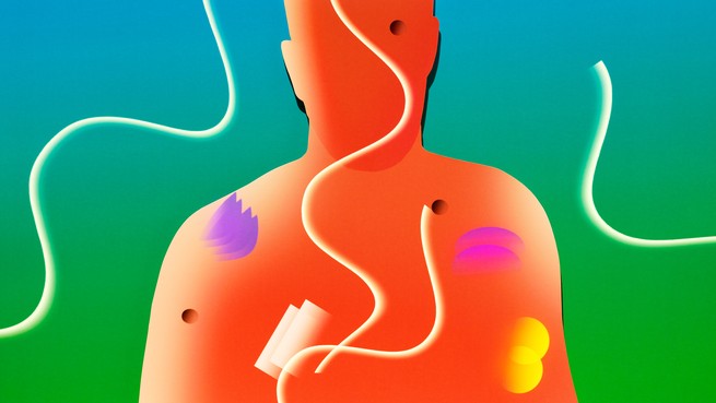 An illustration of a orange human figure with floating colorful shapes that suggest viruses superimposed on the image