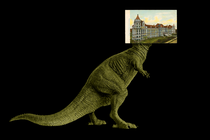 Drawing of T. rex with a museum for a head.