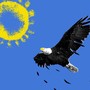 An illustration of an eagle shedding feathers soars towards the sun.
