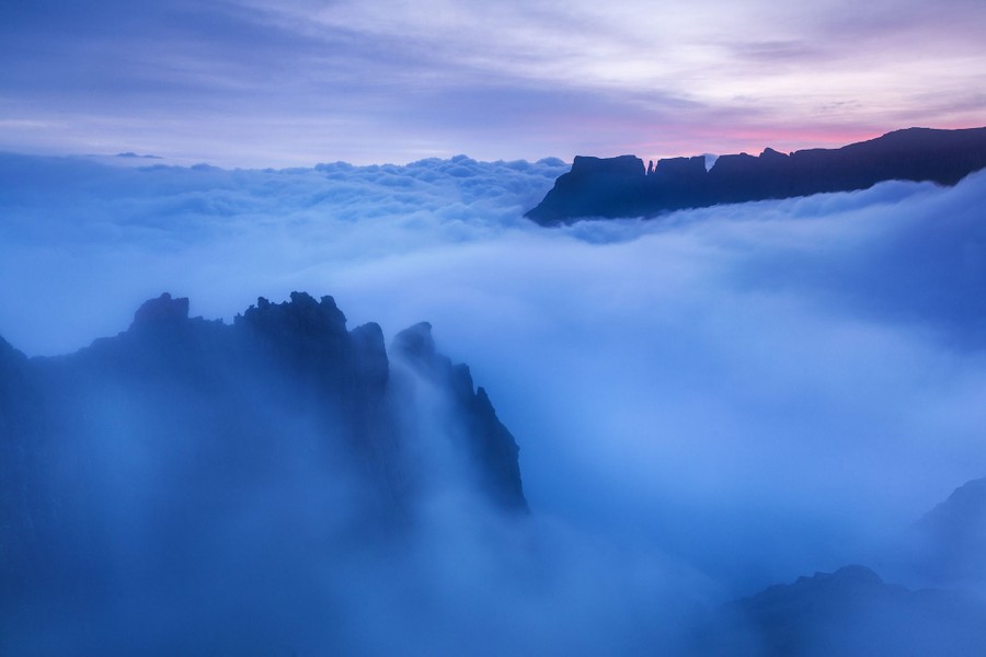 Mountaintops poke through a thick fog bank.