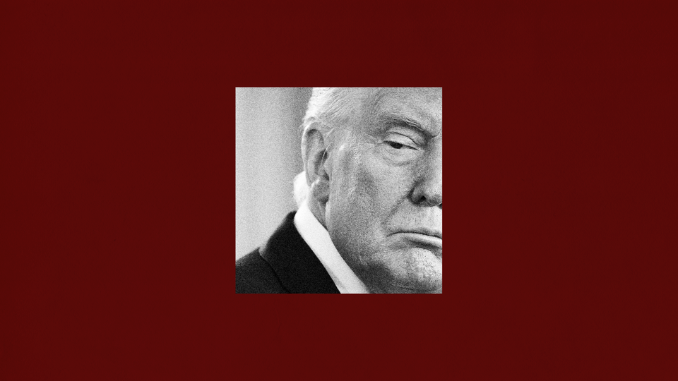 A black and white illustration of Trump scowling in a small square surrounded by a very thick maroon border.