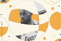 An illustration of LeBron James surrounded by NBA business concepts