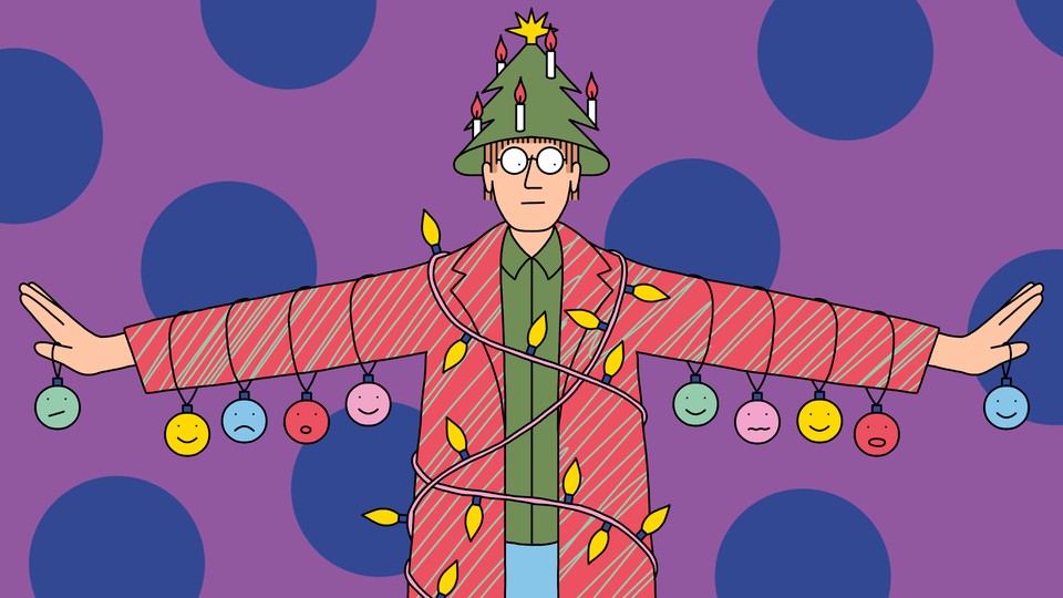 Illustration of a person wearing a green-and-red striped jacket with their arms held perpendicular to their body. Ornaments with different facial expressions hang from their arms. The person is wrapped in Christmas lights, and wearing a Christmas-tree hat.