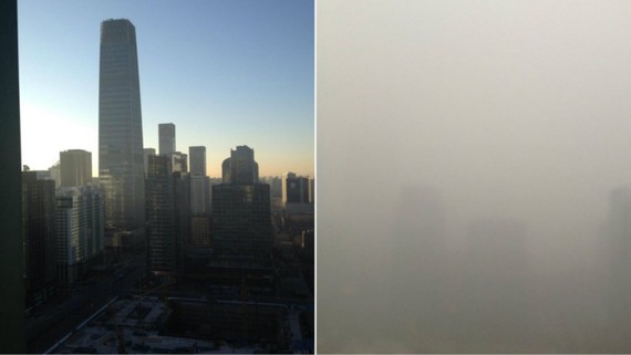 On the left, a photo of the China World Trade Center Tower III on February 26, 2013. On the right, the same swath of skyline, photographed the next day.
