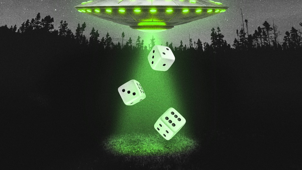 Illustration of a UFO above a forest scene, pulling three large dice with a tractor beam