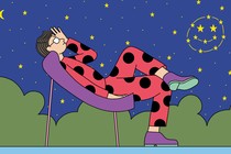 Illustration of a person lounging in a chair and gazing at a smiley-face constellation