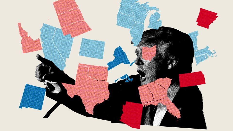A silhouette of Trump behind floating American states.