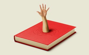 An image of a book with an arm coming out of it