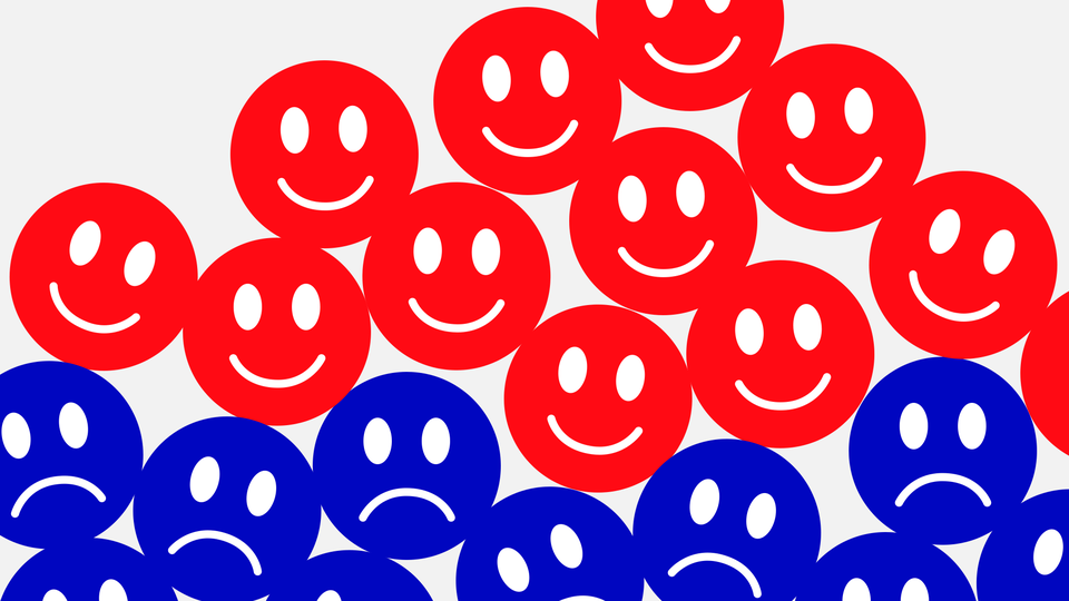 An illustration of red smiley faces on top of blue frowny faces