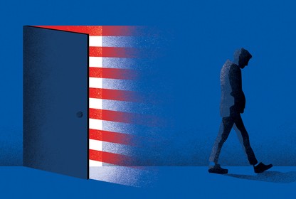 an illustration of a silhouette of a man walking away from an open door, the colors of an American flag bleeding out of it