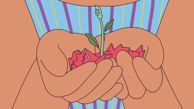 Illustration of a person holding a bunch of red shards from which a plant sprouts