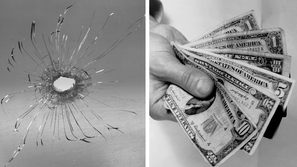 A photo collage of a window with a bullet hole next to a wad of cash