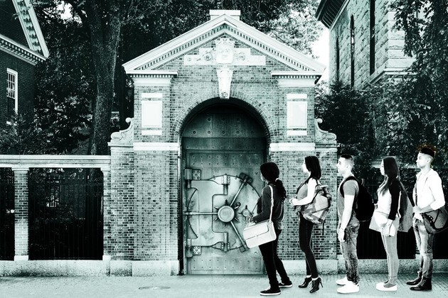 A giant vault occupies the doorframe of a college campus as students line up to get in. 