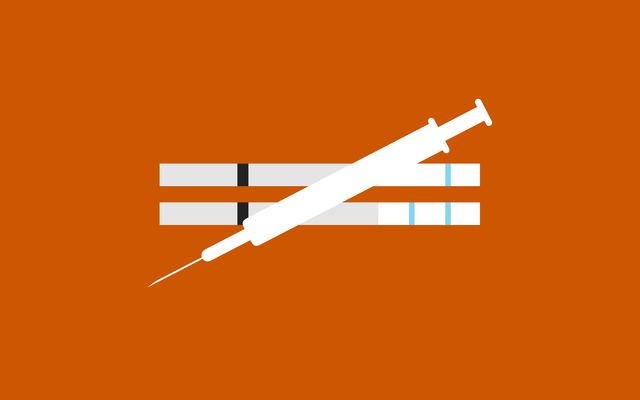 art of a vaccine syringe crossed over two coronavirus test strips in a "does not equal" sign