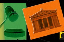 Illustration of a gavel, a courthouse, and a silhouette of Trump’s head