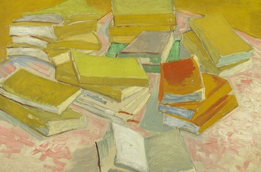 A painting of books lying on a table