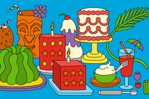An illustrated collage on a blue background, featuring several elaborate Jell-O desserts, a cocktail served out of a coconut, and other elements of a dinner party.