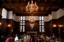 Dark-wood-panel dining hall at Yale University