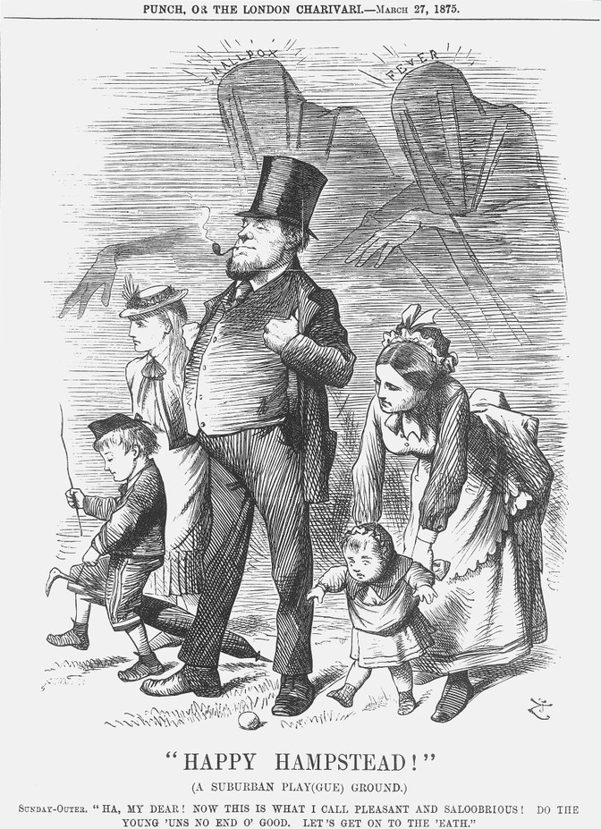 An 1875 cartoon of a family enjoying time outside while smallpox and fever lurk behind them
