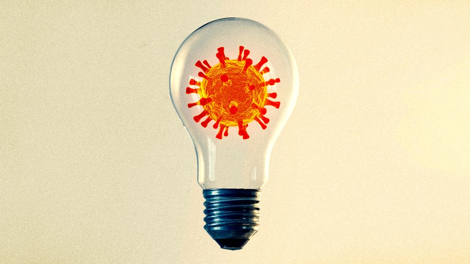 Illustration of a light bulb with the coronavirus inside it