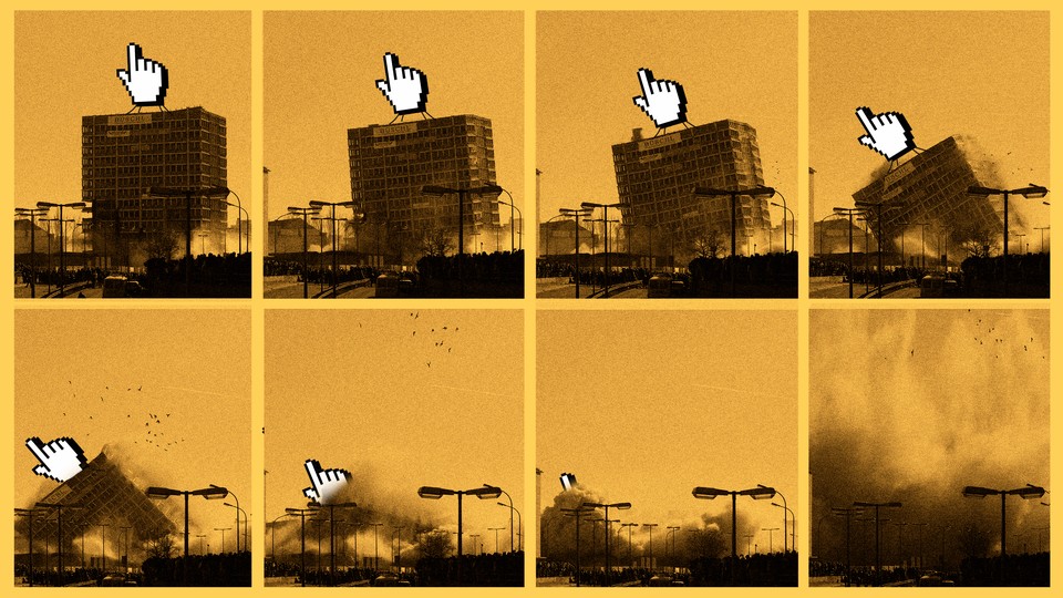 A sequence that starts with a building held by a cursor. The cursor tries to drop the building in a location but the building collapses.