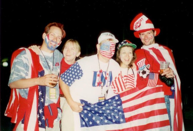 A group of young Americans in patriotic outfits.
