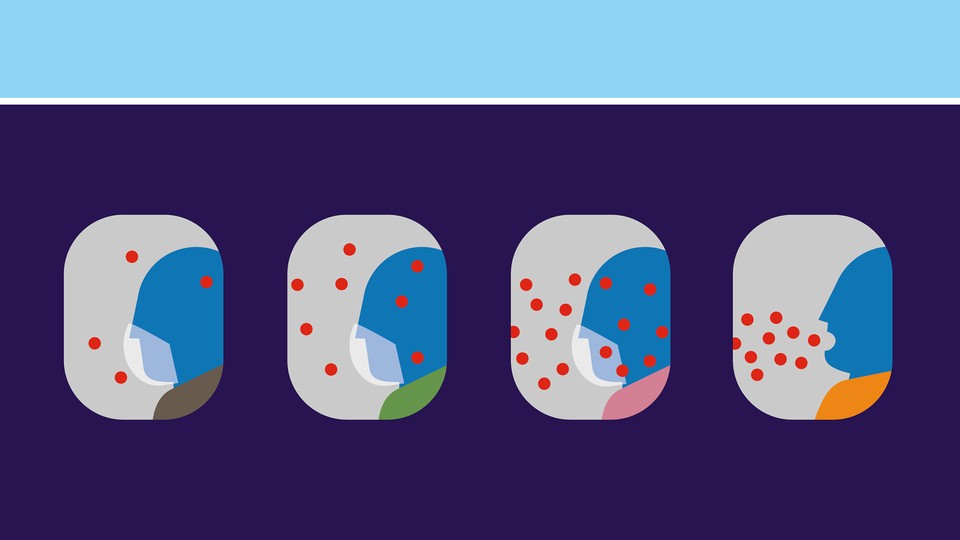 An illustration of people sitting in an airplane. One person is spreading the virus to those sitting in nearby rows.