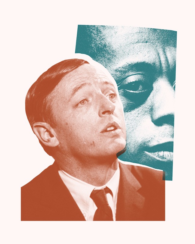 Photo-illustration with overlapping cut-out photos of William F. Buckley Jr. and James Baldwin.