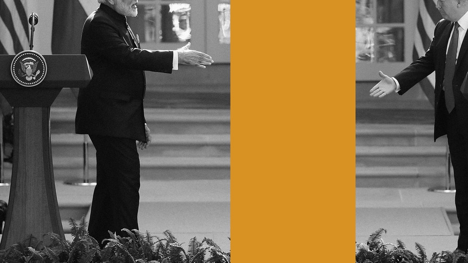 A collage of Narendra Modi and Donald Trump shows them extending their hands to shake but blocked by a bar of yellow that divides the frame.
