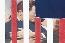 Illustration of a man and woman covered in red and white stripes with a big corner of the image ripped off to reveal a blue background