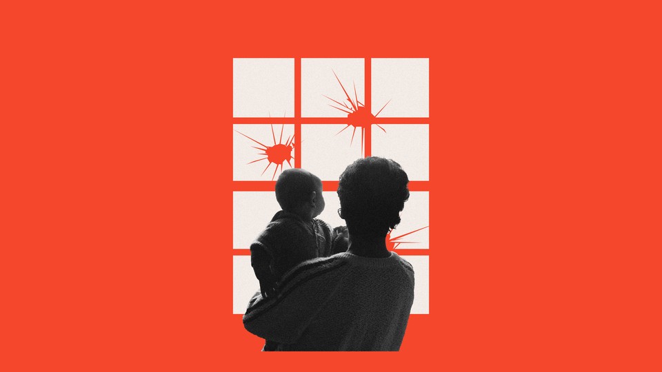 A mother holding her child looks out a window that has holes in it