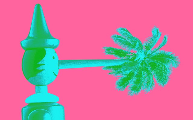 An illustration of Pinocchio with a palm tree as a nose