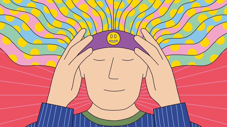 Illustration of a  person with rainbow polka-dotted hair spreading out around them, with their hands to their temples and a peaceful expression on their face