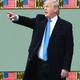 An illustration of Donald Trump pointing against a background of American flags and golden eagles