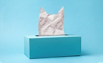 A tissue box with a tissue in it shaped as the silhouette of a cat