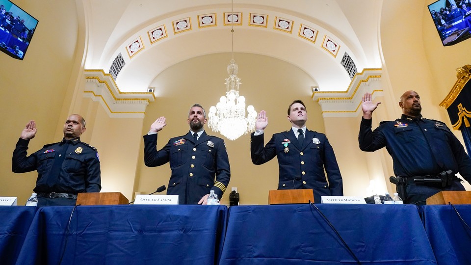 U.S. Capitol Police Sgt. Aquilino Gonell, Washington Metropolitan Police Department officer Michael Fanone, Washington Metropolitan Police Department officer Daniel Hodges and U.S. Capitol Police Sgt. Harry Dunn are sworn in to testify before the House Select Committee investigating the January 6 attack on the U.S. Capitol.